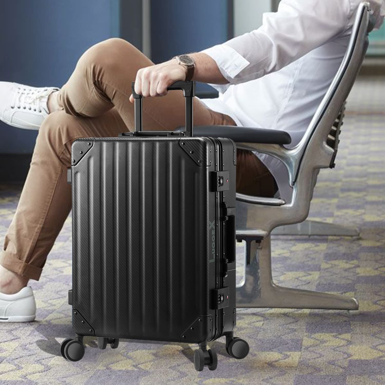 LUGGEX Aluminum Luggage Checked， 24 Inch No Zipper Luggage Metal Suitcase， Classy Carbon Fiber Pattern for Elegant Journey (Metal Suitcases with Wheels) - Image 3